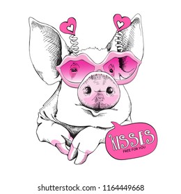 Cute Pig in a pink Lips Sunglasses. Kisses free for you - lettering quote. Humor Card of a Valentine's day, t-shirt composition, hand drawn style print. Vector illustration.