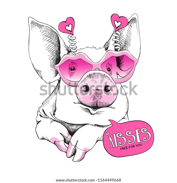 ピンクの唇にサングラスをかけたかわいい豚 キスは無料です バレンタインデーのユーモアカード Tシャツ構成 手描きのスタイルのプリント ベクターイラスト のベクター画像素材 ロイヤリティフリー