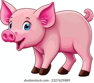 cute pig with pink skin on white