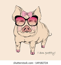  Cute Pig in Pink Sunglasses and Bow, Pink Pretty Piggy, Vector Illustration