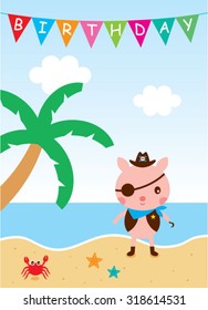cute pig pirate happy birthday card