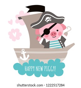 Cute pig pirate on the ship. Child illustration cartoon character