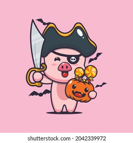 cute pig pirates with sword carrying halloween pumpkin