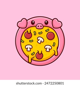 Cute Pig Pizza Cartoon Vector Icon Illustration. Animal Food Icon Concept Isolated Premium Vector. Flat Cartoon Style