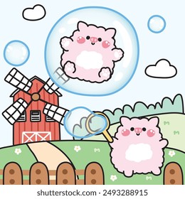 Cute pig play soap bubble on the garden at house farm.Pig stay in bubble on sky background.Farm animal character cartoon design.Kawaii.Vector.Illustration.