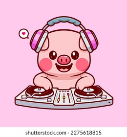 Cute Pig Playing Dj Electronic Music With Headphone Cartoon Vector Icon Illustration. Animal Music Icon Concept Isolated Premium Vector. Flat Cartoon Style