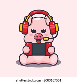 Cute pig playing a game. Cute cartoon animal illustration.