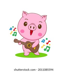 cute pig playing guitar cartoon illustration