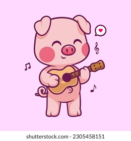 Cute Pig Playing Guitar Cartoon Vector Icon Illustration. Animal Music Icon Concept Isolated Premium Vector. Flat Cartoon Style