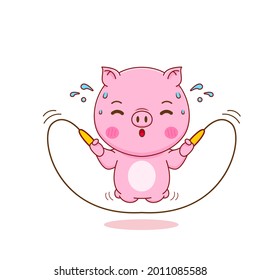 Cute Pig Playing Jump Rope Cartoon Illustration