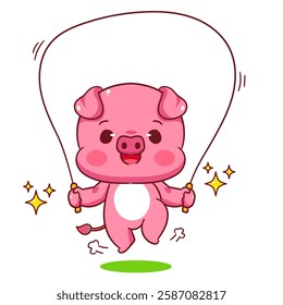 Cute pig playing jumping rope cartoon character. Kawaii animal sport concept design. Vector art illustration.