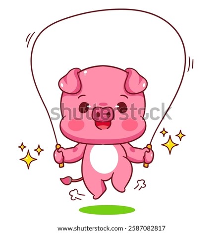 Cute pig playing jumping rope cartoon character. Kawaii animal sport concept design. Vector art illustration.