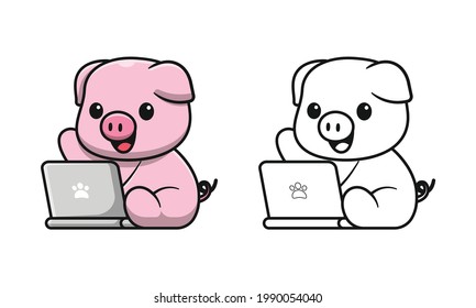 Cute pig playing laptop cartoon coloring pages for kids