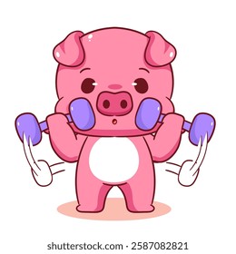 Cute Pig playing Lifting Dumbbell cartoon character. Kawaii animal sport concept design. Vector art illustration.