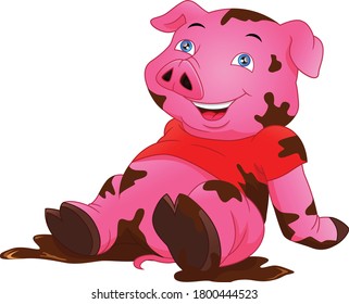 cute pig playing mud on a white background