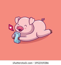 Cute pig playing phone cartoon illustration The Concept of Isolated Technology. Flat Cartoon Style Suitable for Landing Web Pages, Banners, Flyers, Stickers, Cards