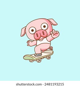 a Cute pig Playing Skateboard slide animal kawaii chibi character mascot illustration outline style