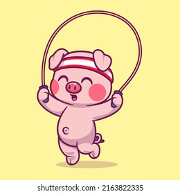 Cute Pig Playing Skipping Rope Cartoon Vector Icon Illustration. Animal Sport Icon Concept Isolated Premium Vector. Flat Cartoon Style