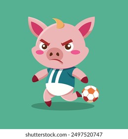 cute pig plays football angry face