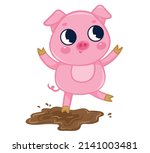 A cute pig plays in the mud. Vector illustration with cute farm animals in cartoon style.