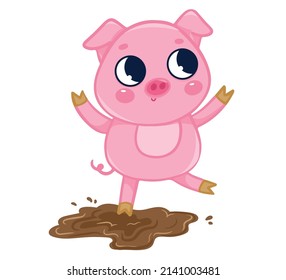 A cute pig plays in the mud. Vector illustration with cute farm animals in cartoon style.