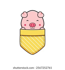 Cute pig in the pocket character cartoon icon illustration. Design isolated flat cartoon style