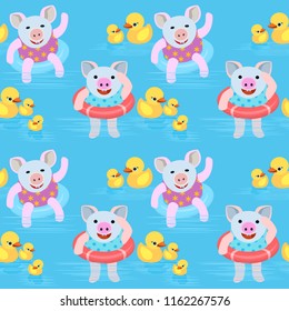 Cute pig in pool with duckling seamless pattern for fabric textile wallpaper.