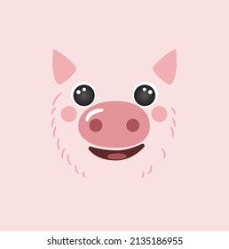 Cute pig portrait square smile head cartoon round shape pink avatar mascot animal face, isolated vector icon illustration. Flat simple hand drawn for kids poster, UI app, t-shirts, baby clothes