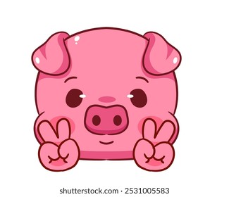 Cerdo lindo posa signo de la mano de la paz Gesto de carácter de dibujos animados. Adorable y Kawaii Animal Icon Mascota Concepto de Diseño. Ilustración vectorial del logotipo. Fondo blanco aislado.