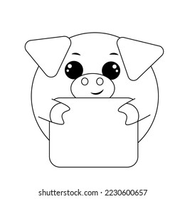 Cute Pig with poster without text in black and white for congratulation