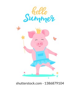 A cute pig princess in a dress with a magic wand in hand is played on a green lawn. Funny animal. Piggy Cartoon Character. Hello summer