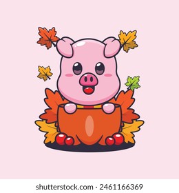 Cute pig in a pumpkin at autumn season. Mascot cartoon vector illustration suitable for poster, brochure, web, mascot, sticker, logo and icon.