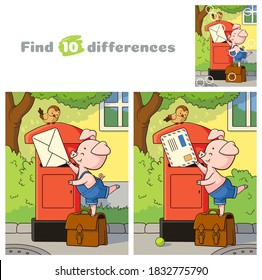 Cute pig puts a letter in the red mailbox. Find 10 differences. Educational game for children. Cartoon vector illustration.