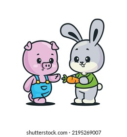 Cute Pig and Rabbit Icon Vector Illustration. Cute animal isolated vector cartoon style.