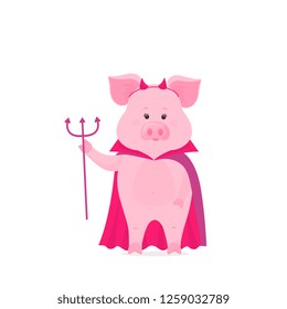 Cute pig in a raincoat and horns imp. Piglet with horns and a trident. Costume for Halloween.