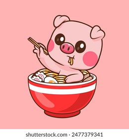 Cute Pig In Ramen Noodle With Chopstick Cartoon Vector Icon Illustration. Animal Food Icon Concept Isolated Premium Vector. Flat Cartoon Style