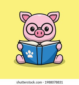 Cute pig reading a book cartoon illustration