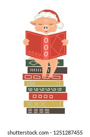 Cute pig reading book on stack of books on white background. Chinese New Year greeting illustration for educational projects.