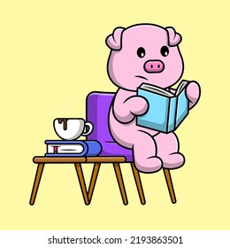 Cute Pig Reading Book On Chair Cartoon Vector Icon Illustration. Flat Cartoon Concept