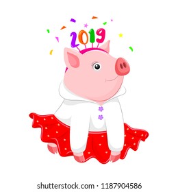 Cute pig in red dress. Happy New year concept. Animal character design. Vector illustration isolated on white background.