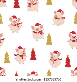 Cute Pig In Red Winter Costume For Christmas Seamless Pattern. Animal Cartoon Character Vector.