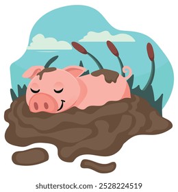 cute pig relaxing in the mud, vector illustration.