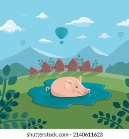 a cute pig is resting in a puddle against the backdrop of a beautiful landscape. Balloons in the clouds, beautiful sunny day.