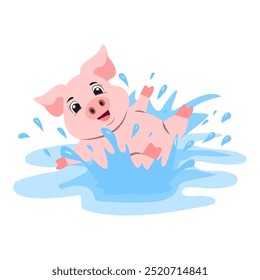 A cute pig is resting in a water puddle. A funny piglet lies on a  puddle. Vector illustration