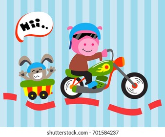 cute pig ride a motorcycle with cat - vector illustration for children.