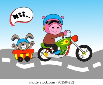 cute pig ride a motorcycle with cat - vector illustration for children.