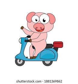 cute pig ride motorcycle, simple vector illustration