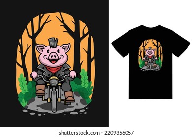 Cute pig riding bicycle illustration with t shirt design premium vector the Concept of Isolated Technology. Flat Cartoon Style Suitable for Landing Web Pages, Banners, Flyers, Stickers, Cards