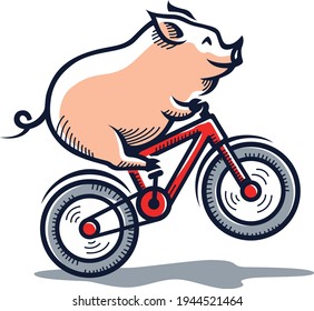 Cute Pig Riding Bicycle On One Wheel  (Wheelie)