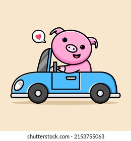 cute pig riding car cartoon design